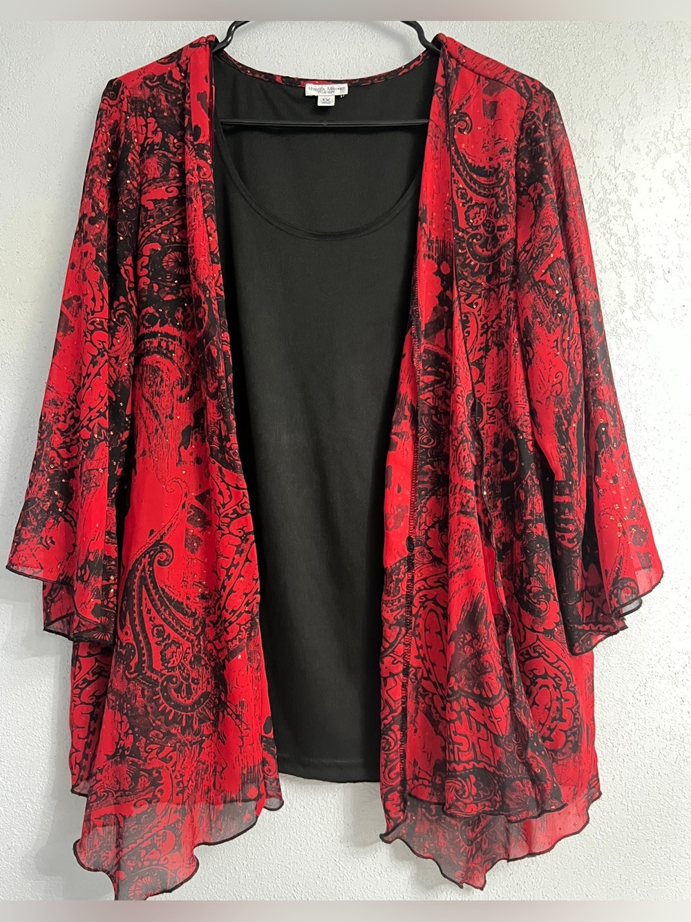 Rebecca Malone Red and Black Paisley Open-Front top Size 1X